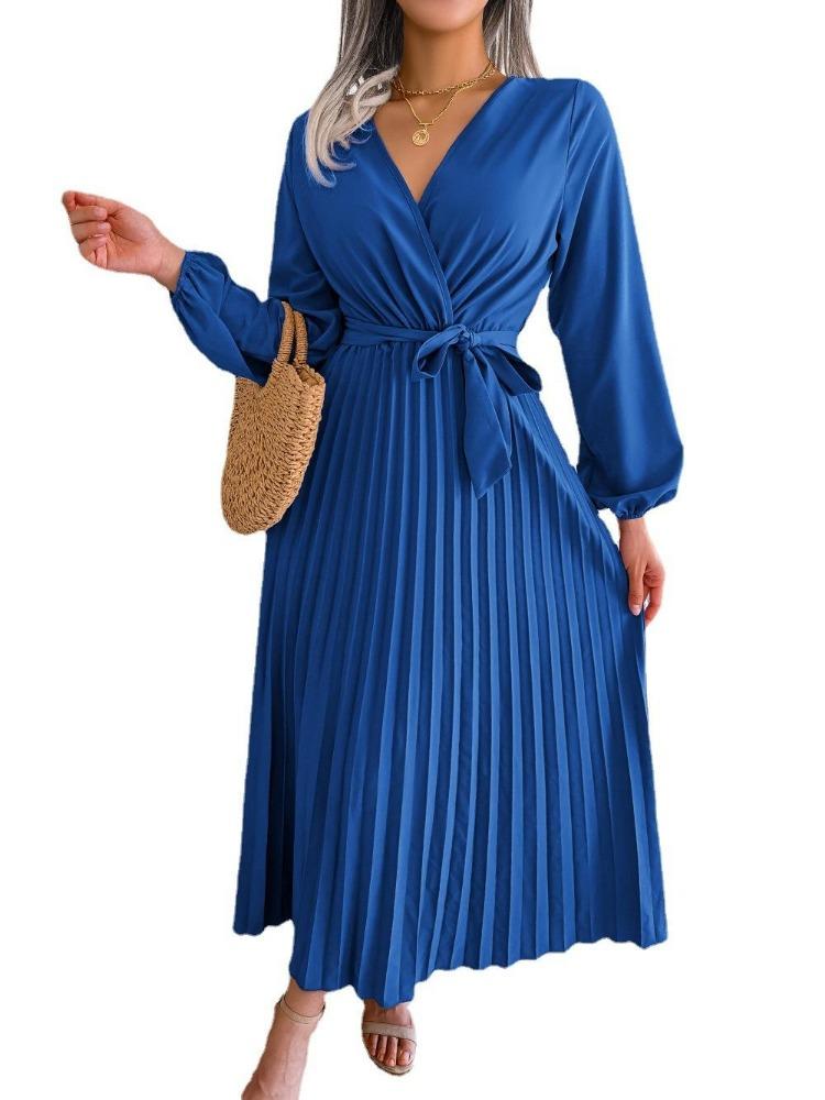 Elegantes Damen Plissee Maxikleid Langarm V-Ausschnitt