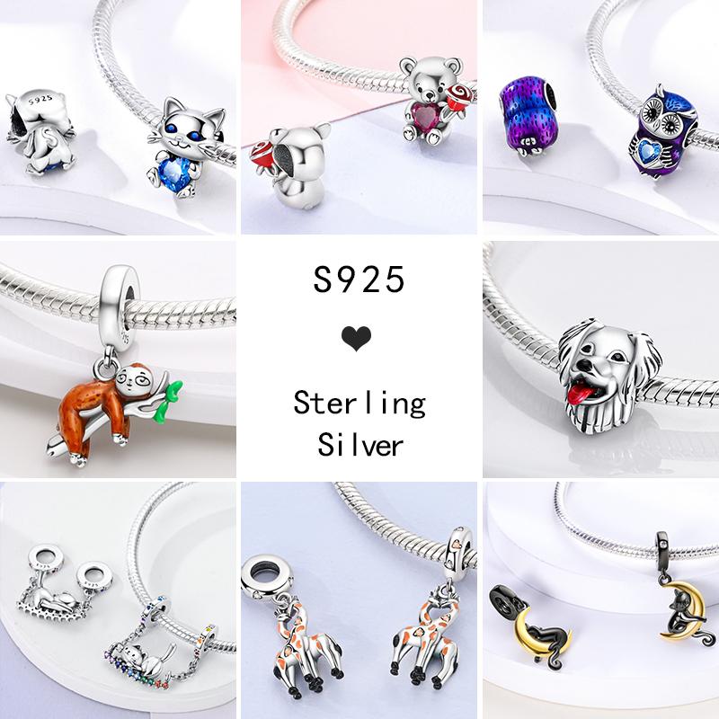 Animal Charms Copper Pet Cat Doggy Paw Sloth Giraffe Glass Beads Fit Original Bracelets Women' Diy Jewelry