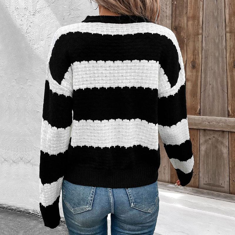 Mode Vintage Élégant Décontracté Automne Pull Tricot Col Rond Manches Longues Noir et Blanc Colorblock Pull Tricot