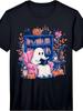 Cozy Spooky Ghost Reading In Autumn Halloween Teacher Kids Performance T-Shirt Retro Casual Crew Neck Printed T-Shirt