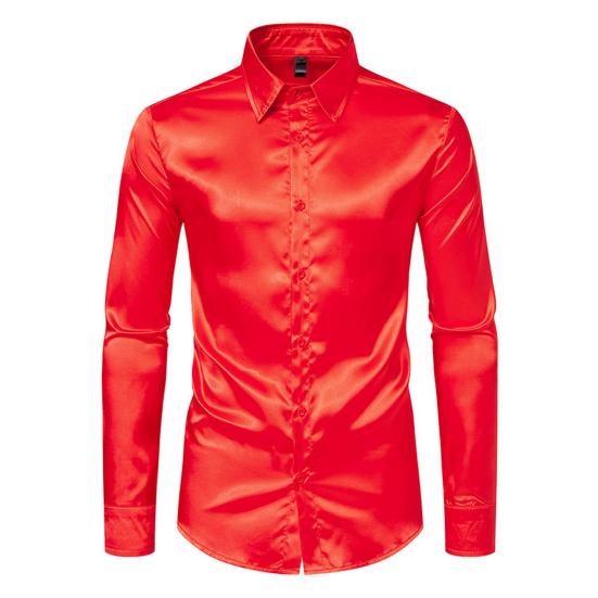 Men Shirt Lapel Long Sleeve Single Breasted Shirt Tops Pure Color Glossy Design Smooth Satin Shirt Versatile Daily Wear