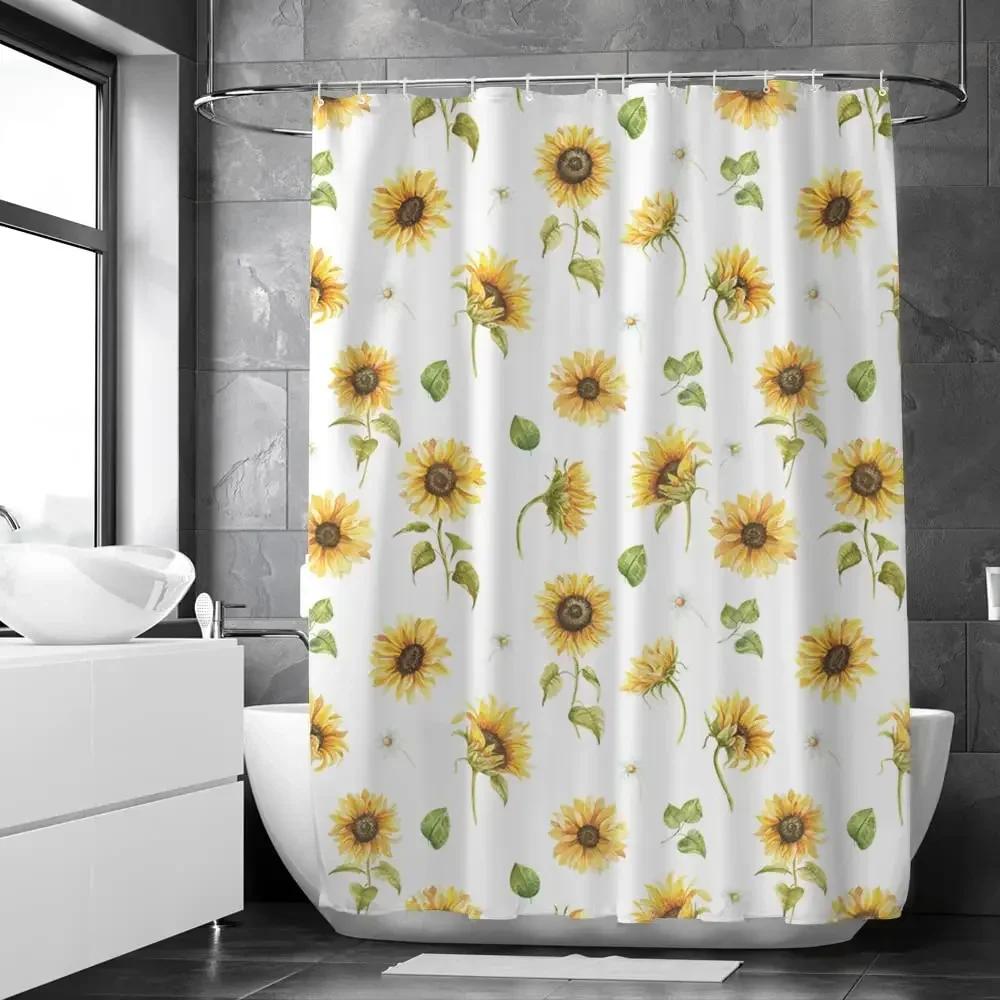 Farmhouse Rustic Shower Curtain Sunflower Autumn Floral Flower on Rural Barn Wooden Fabric Bathroom Curtains with Hooks Sets