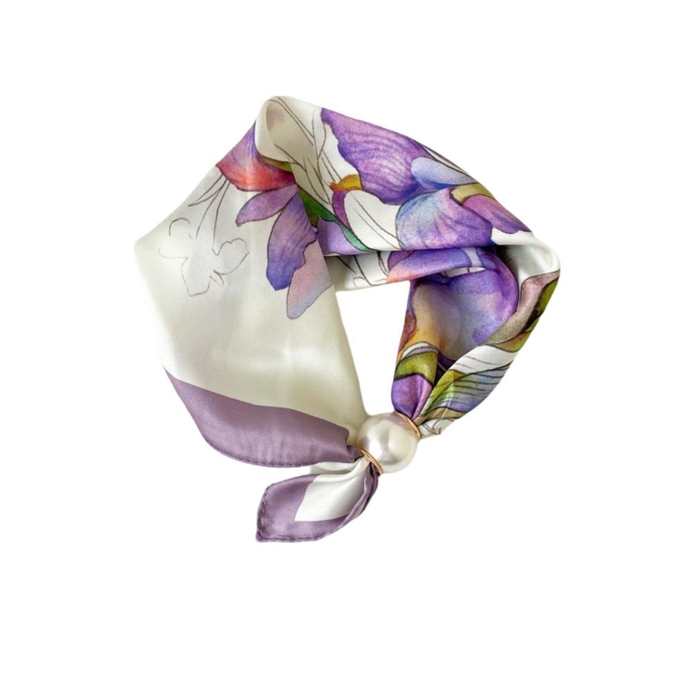 Lightweight Silk Scarf Breathable Printed Neck Scarf Accessory Pearl Buckle Scarf  Female