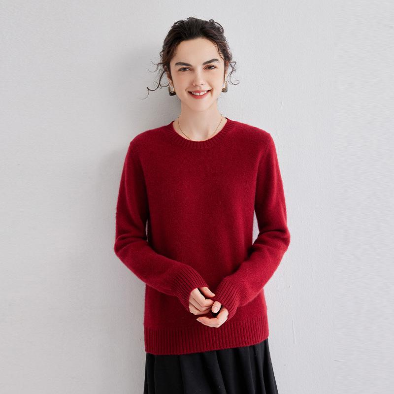 2024 Autumn/Winter Women's Cashmere Round Neck Loose Pullover Sweater - Solid Color Knit Base Layer
