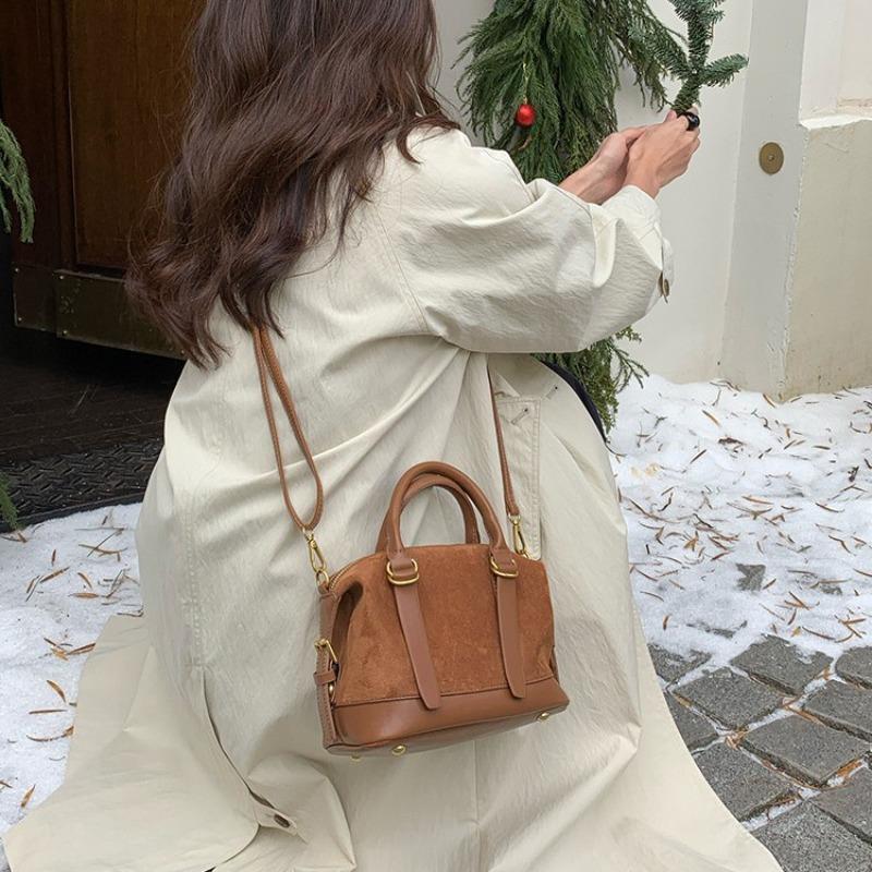 Retro Brown Suede Handbag Bag Women's Winter New Trendy Bowling Bag Multi-functional Messenger Bag