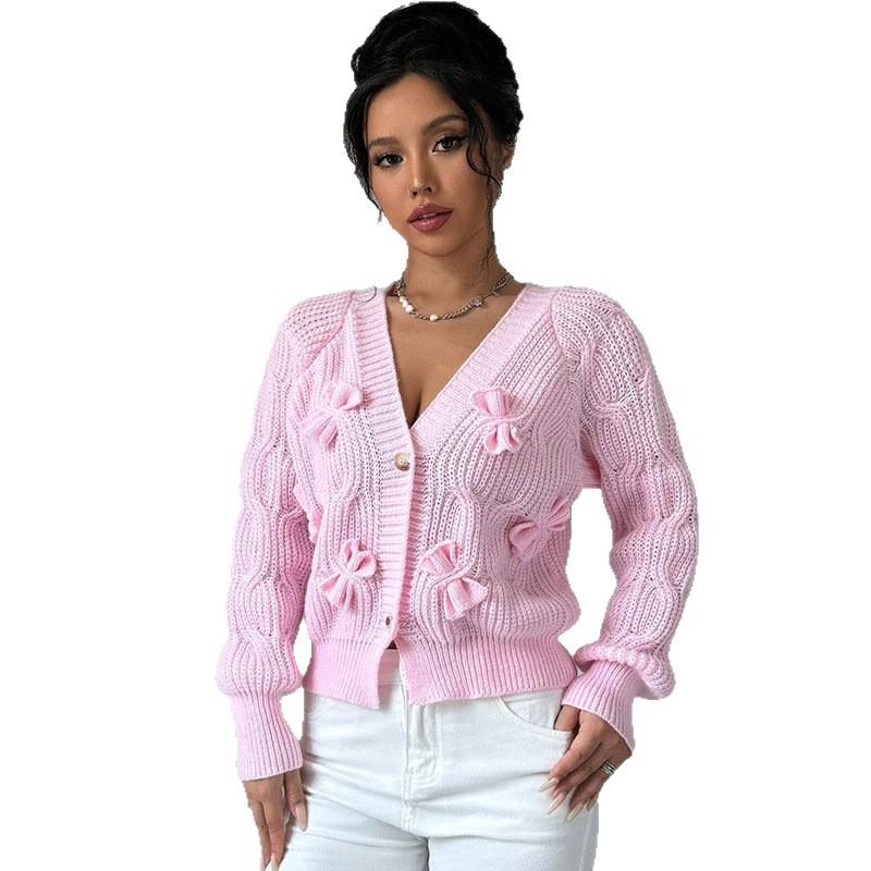 Damen Strickjacke V-Ausschnitt Knopfleiste Schleifenknoten Detail Uni Rosa