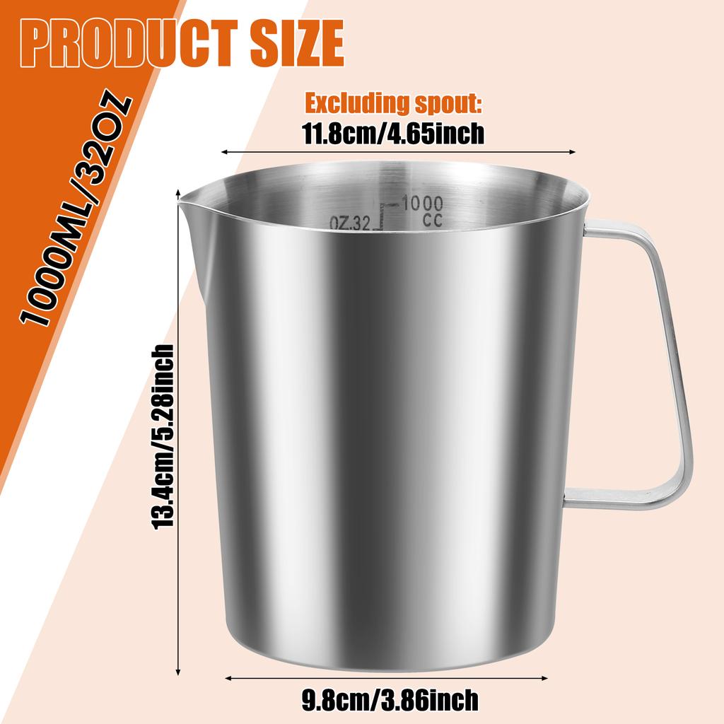 500/1000ml Stainless Steel Milk Frothing Jug Rust Proof Large Mouth Graduated Beaker Clear Scale Marking Coffee Latte Art Pitcher With Non Slip Handle