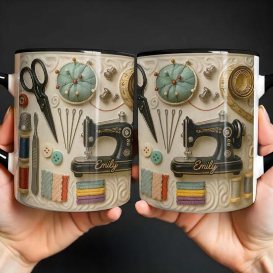 Personalized Sewing Mug Stitched Coffee Cup with Sewing Machine Design Mug for Women Sewers Quilters Crafters Creative Gift for Mom Grandma Holiday