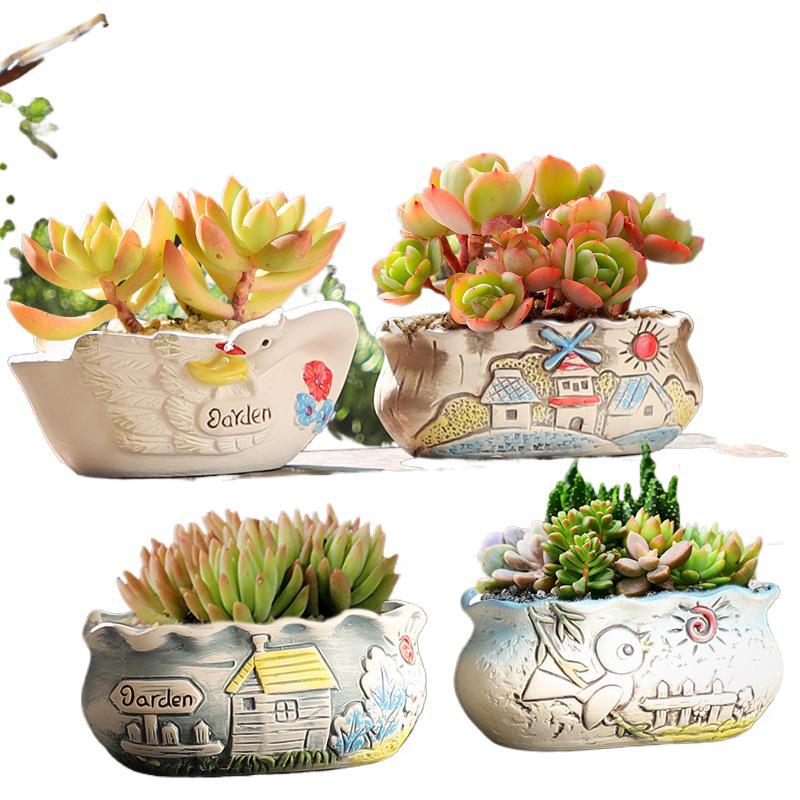 Cartoon Coarse Pottery Large Ceramic Succulent Planter with Picture Book Style
