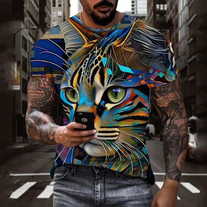 Camiseta Masculina Casual Divertida de Manga Curta Primavera/Verão Estampa 3D de Cabeça de Gato Harajuku Animal Print Masculino Gola O Solta Moda