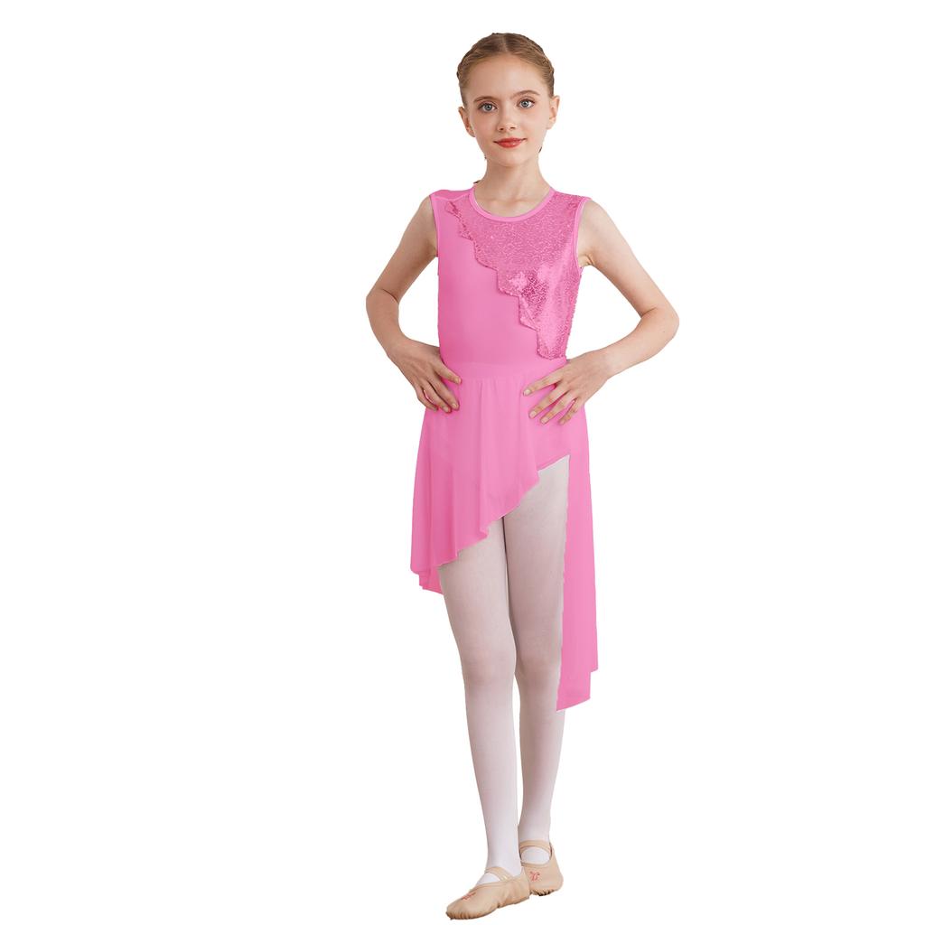 Kids Girls Sleeveless Round Neck Sequins Lyrical Dance Dress Irregular Hem Hollow Back Gymnastics Ballet Leotard Dress