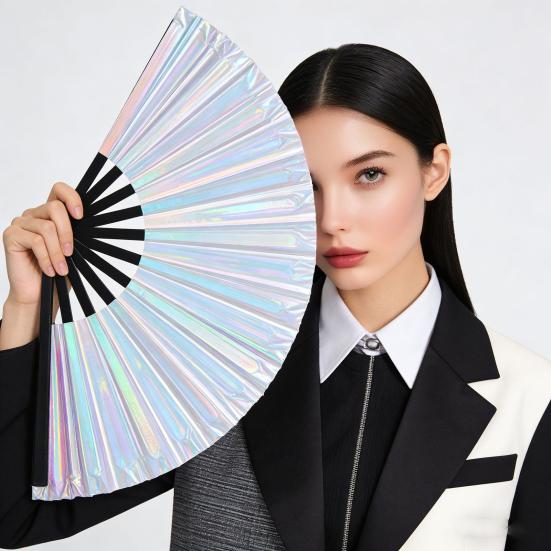 Holographic Folding Fan Large Iridescent Handheld Fan Portable Summer Cooling Fan Decoration Dance Performance Props Party Accessories