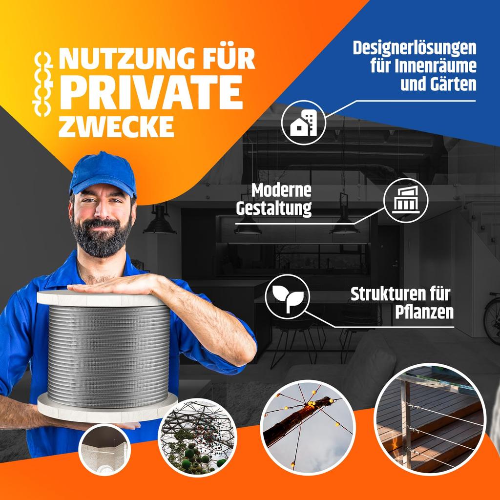 DQ-PP STAHLSEIL - Konstruktion: 6x19 - Durchmesser: 3mm - Länge: 200m - galvanisch verzinktes Drahtseil - Forstseil - Windenseil - Spannseil