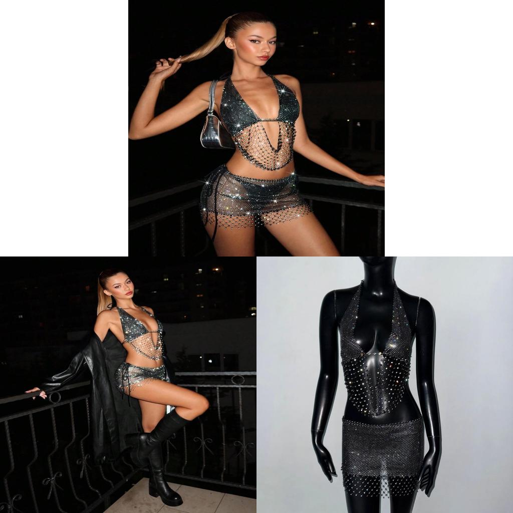 Geometric Pattern Sleeveless Mini Skirt Set With Glittering Mesh Top For Party Performance