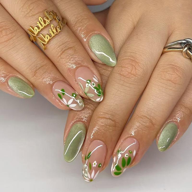24Pcs Green Cat Eye Floral Short Almond Round Press On Nails Set