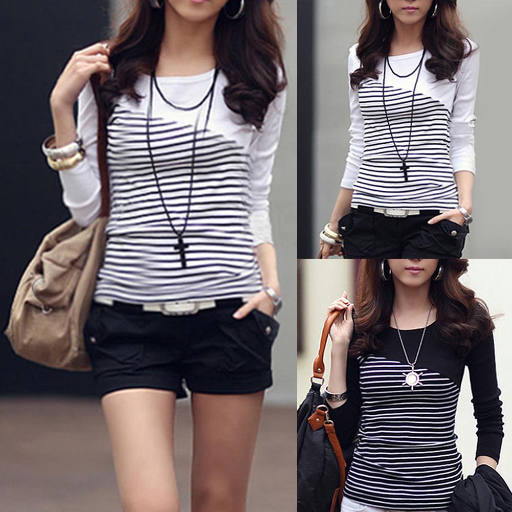 Vânzare globală Tricou cu mânecă lungă și cu gât rotund cu dungi cu imprimeu Top slim fit