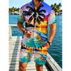 Men's Tropical Sunset Palm Print Shirt and Shorts Set, Summer Vacation Polyester Beachwear