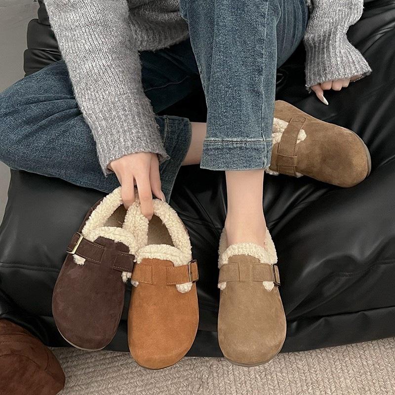 Birkenstocks velvet new autumn and winter all-inclusive soft leather thick-soled retro flat-soled cotton shoes fluffy shoes