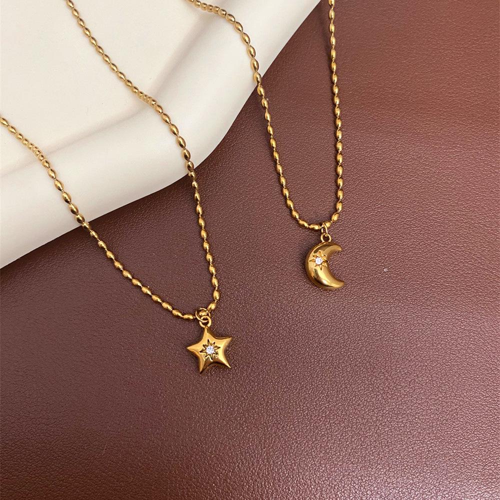 Retro Eight-Pointed Star & Moon Necklace with Diamond Accents - Fashionable Titanium Steel Electroplated Design