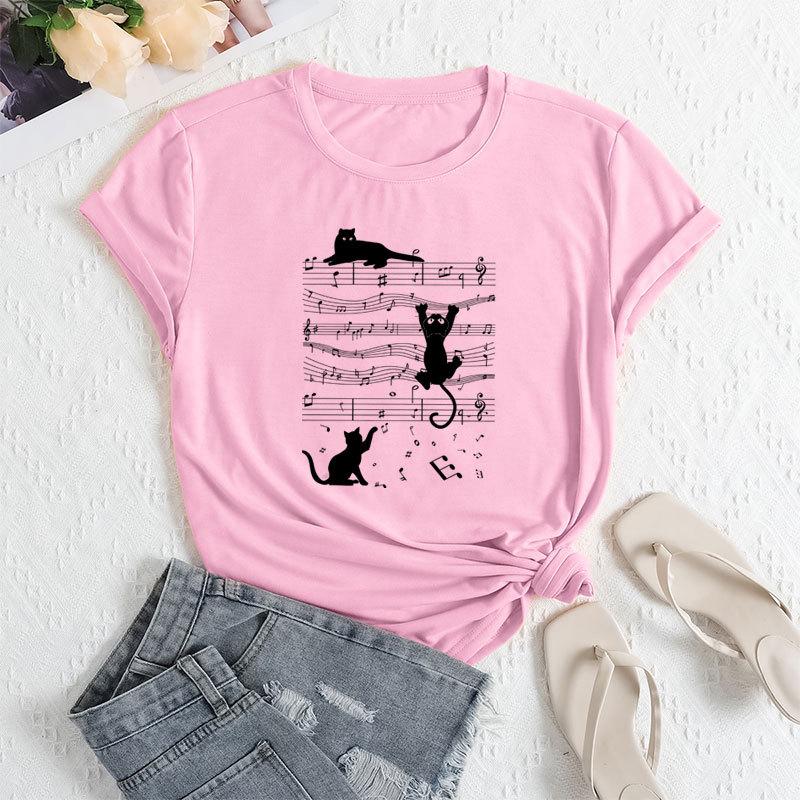 Summer Women's Sheet Music Print Loose Round Neck Casual Pure Cotton Short Sleeved T-shirts Women's