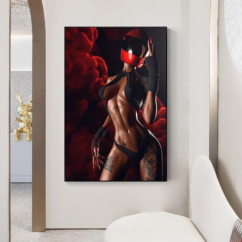 Sexy Tattooed Nude Girl Canvas Painting Poster and Prints Modern Girl Helmet Wall Art Picture Cuadros Home Decoration Room Decor No Frame