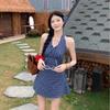 Korean Blue Plaid Hanging Neck Dress Women Sleeveless Waist Bow A-line Sweet Hot Girl Short Skirt