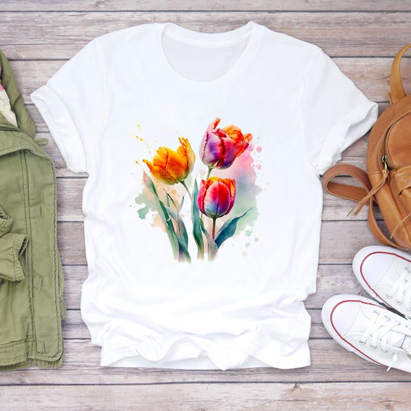 (Dimensione asiatica) Maglietta Top Fiore Dolce Tendenza Carino Stile Anni '90 Abbigliamento Casual Manica Corta Moda T-shirt Donna Stampa Signora Femminile T-shirt Grafica