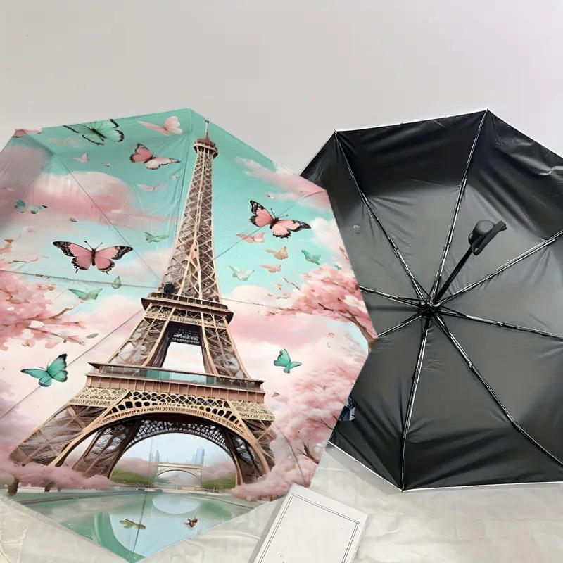 1PC Eiffel Tower Butterfly Umbrella-8-Rib Reinforced, Automatic Open, Lightweight & Durable, Fashion Accessory for Outdoor, J0359