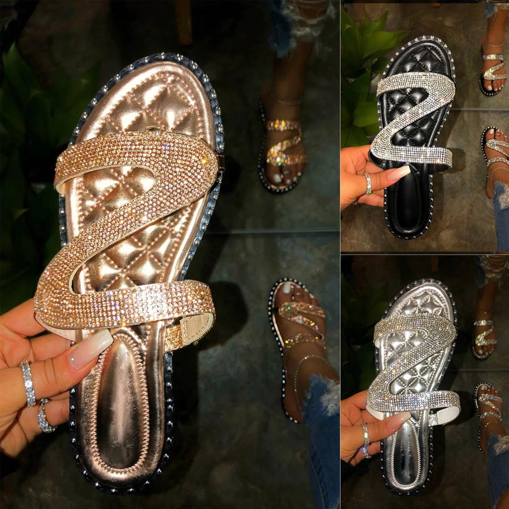 Summer Women Rhinestone Slip-On Open Toe Flat Breathable Sandals Beach Shoes