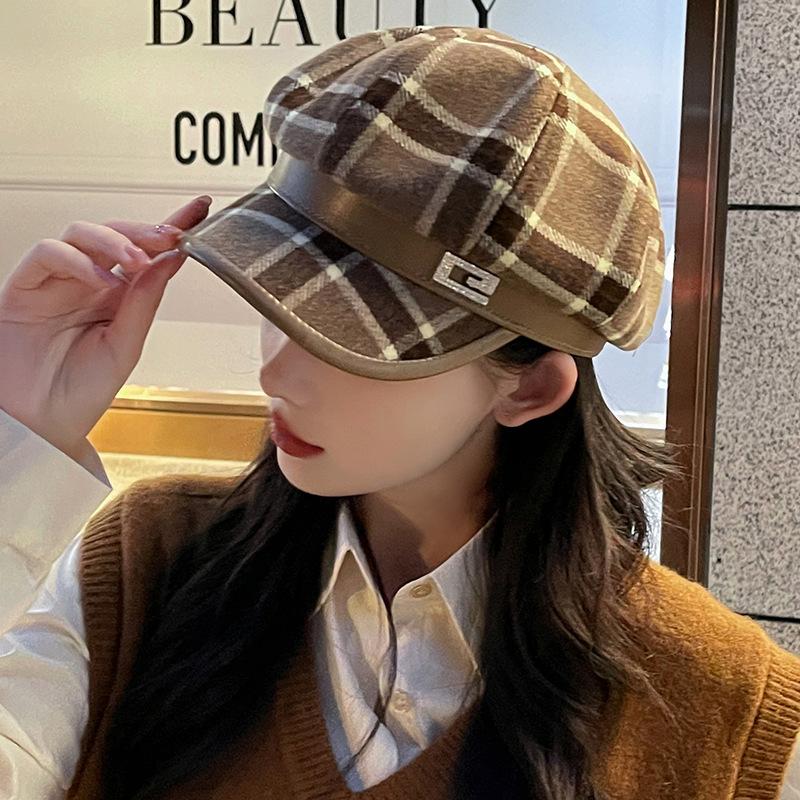 Women's Winter Plaid Woolen Octagonal Beret