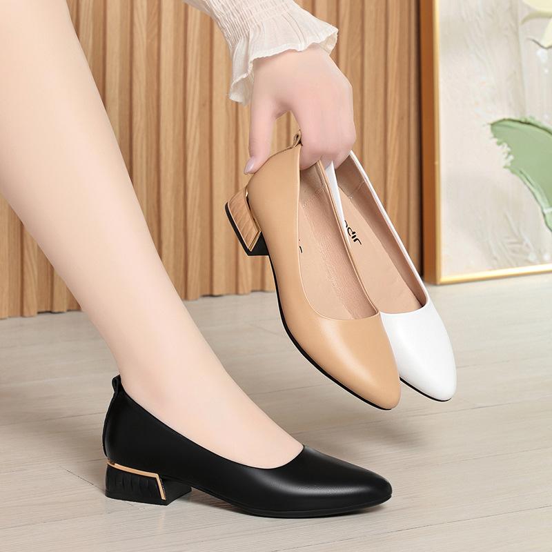 Summer Women's Soft Leather Chunky Heel Pumps Pointed Toe Low Heel Office Shoes White Work Dress Shoes Size 35-41