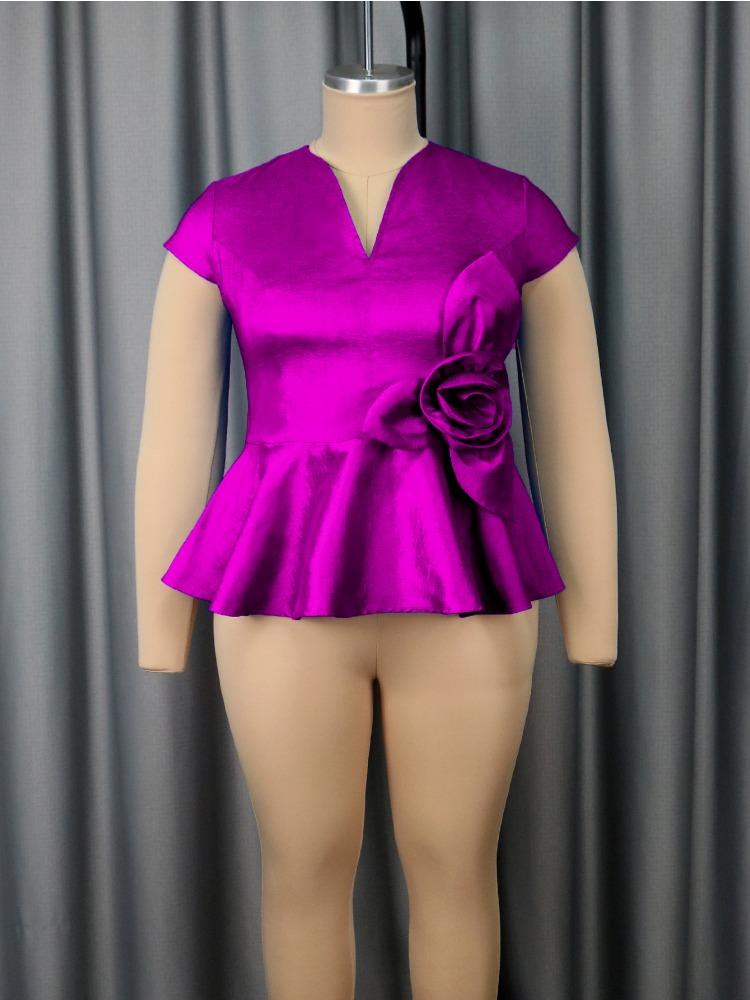 Femme Grande Taille Hauts Blouses Brillantes Col V Péplum Fleur 3D Événement Anniversaire Fête Pull Mariage Invité Ronde Dames Africain Nouveau