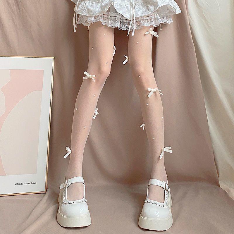 Milky White Pearl Bow Lolita Tights - Spring/Summer Sweet Girl Edition