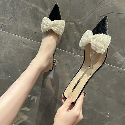Shoes for Women with Heel Woman Mules Slippers Pearl Pointed Toe Bow Sandals Shoe High Quality Slip-resistant Clappers 39 Slides