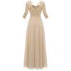 Women V-neck 3/4 Sleeve Gown Dress Crochet Lace Mesh Stitching High Waist A-Line Maxi Dress Backless Solid Color Long Dress