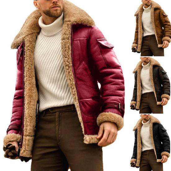 Herrenjacke Kontrastfarbe Patchwork Plüschfutter Umlegekragen Reißverschluss Kältefest Winter