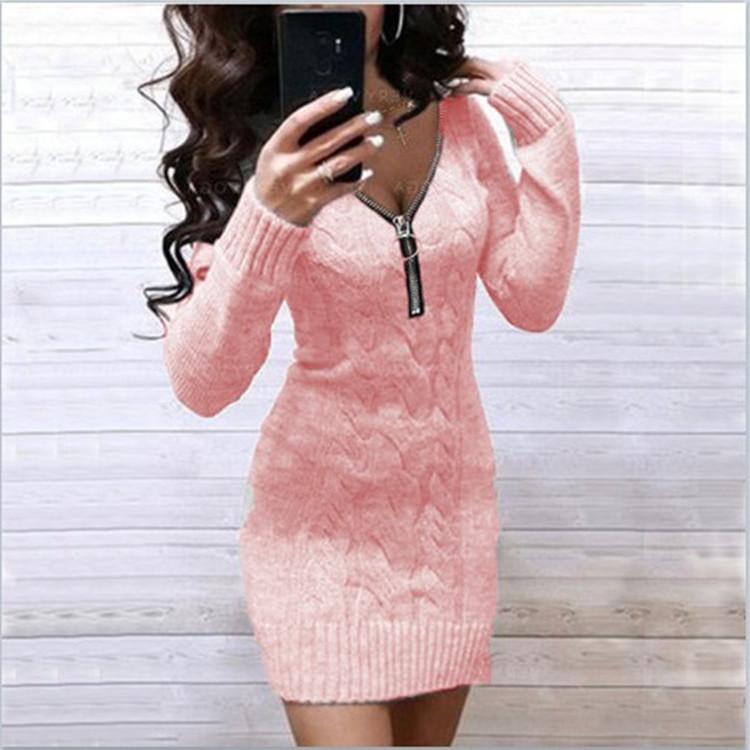 Women's V-Neck Zipper Knit Sweater Cardigan Mid-Length Dress Outerwear