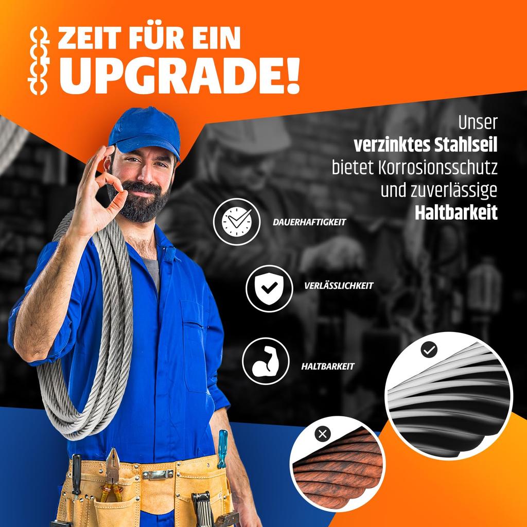 DQ-PP STAHLSEIL - Konstruktion: 6x19 - Durchmesser: 3mm - Länge: 200m - galvanisch verzinktes Drahtseil - Forstseil - Windenseil - Spannseil