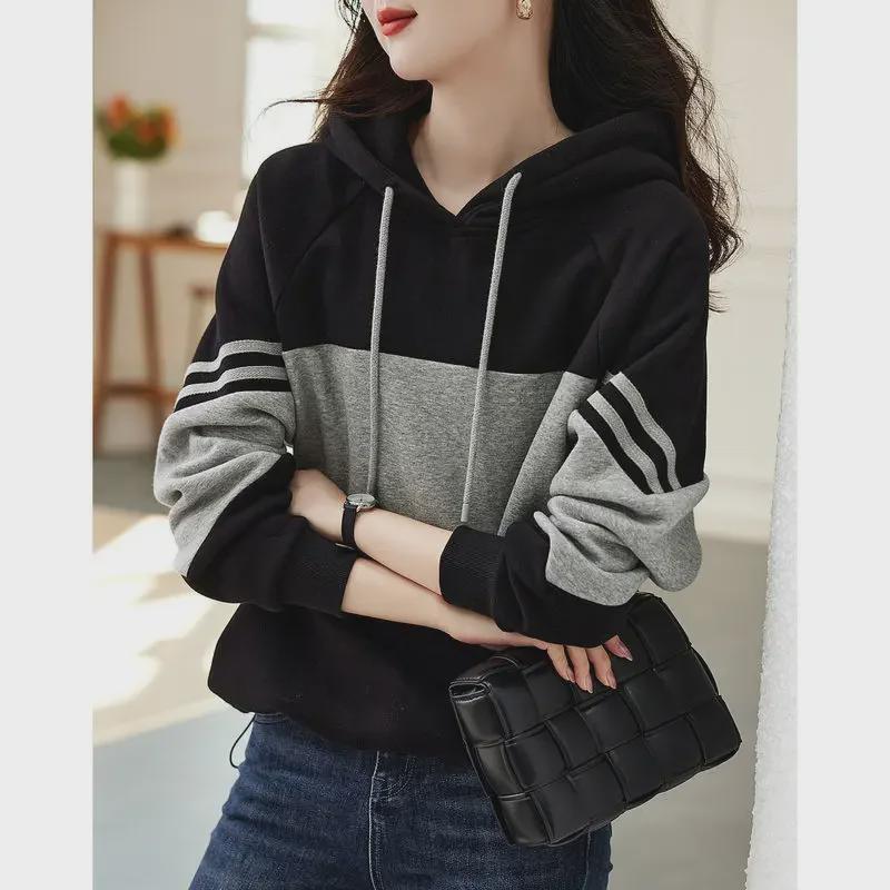 Women's Cotton Striped Hooded Sweatshirt - Loose Fit, European & American Style for Spring, Autumn, and Winter