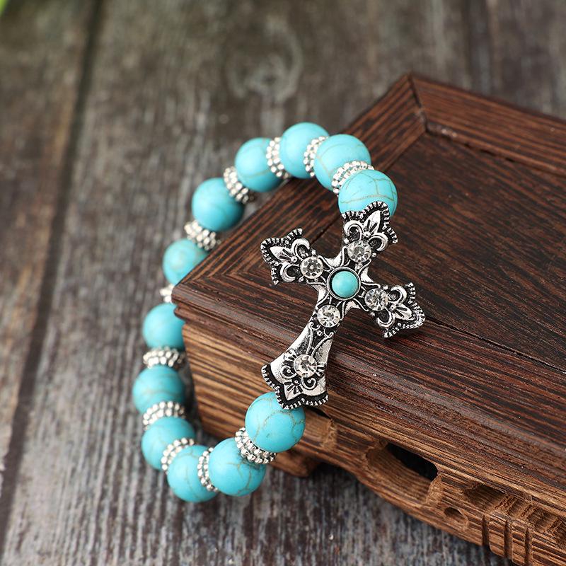 Turquoise Beaded Cross Bracelet: Retro Western Cowboy Style for Women