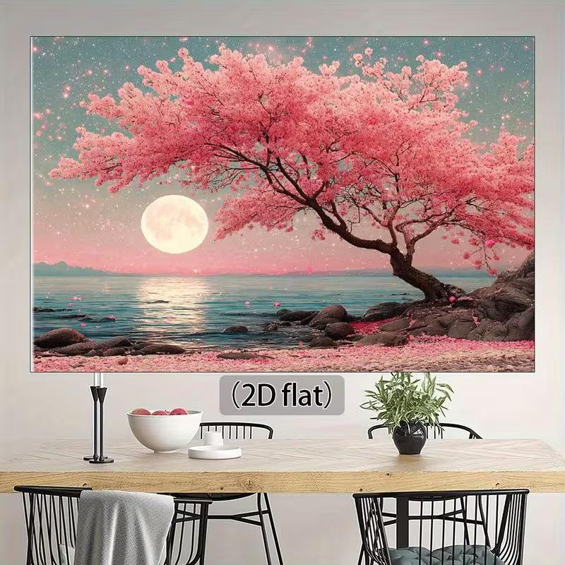 2D Sakura Moon Backdrop, Cherry Blossom Tree Photography Background