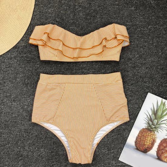 2 buc./set Set de bikini pentru femei, cu volane, sutien tip push-up cu bandă, căptușit, slip cu talie înaltă, îmbrăcăminte de plajă cu imprimeu în dungi