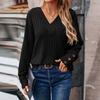 Tricou cu mânecă lungă cu decolteu în V de modă pentru femei Top cu decorare cu nasturi de culoare uni