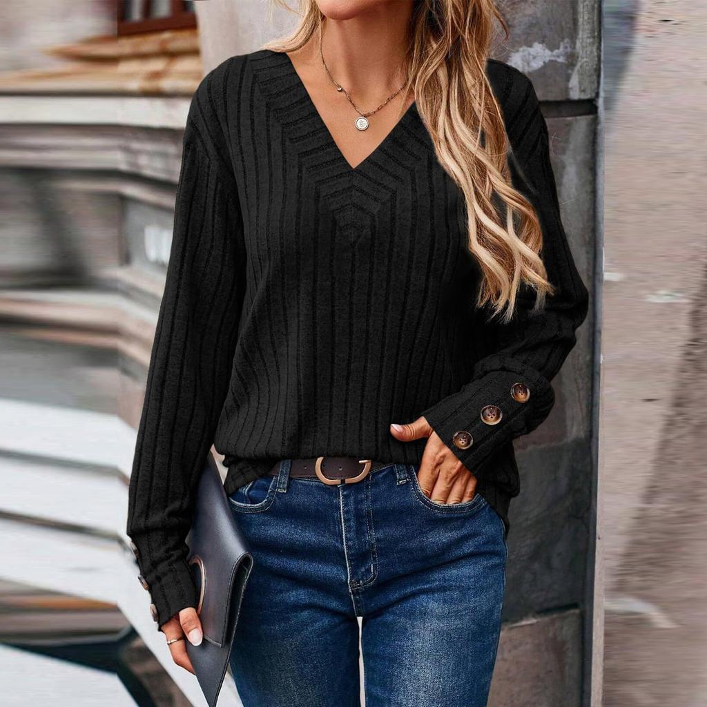 Tricou cu mânecă lungă cu decolteu în V de modă pentru femei Top cu decorare cu nasturi de culoare uni
