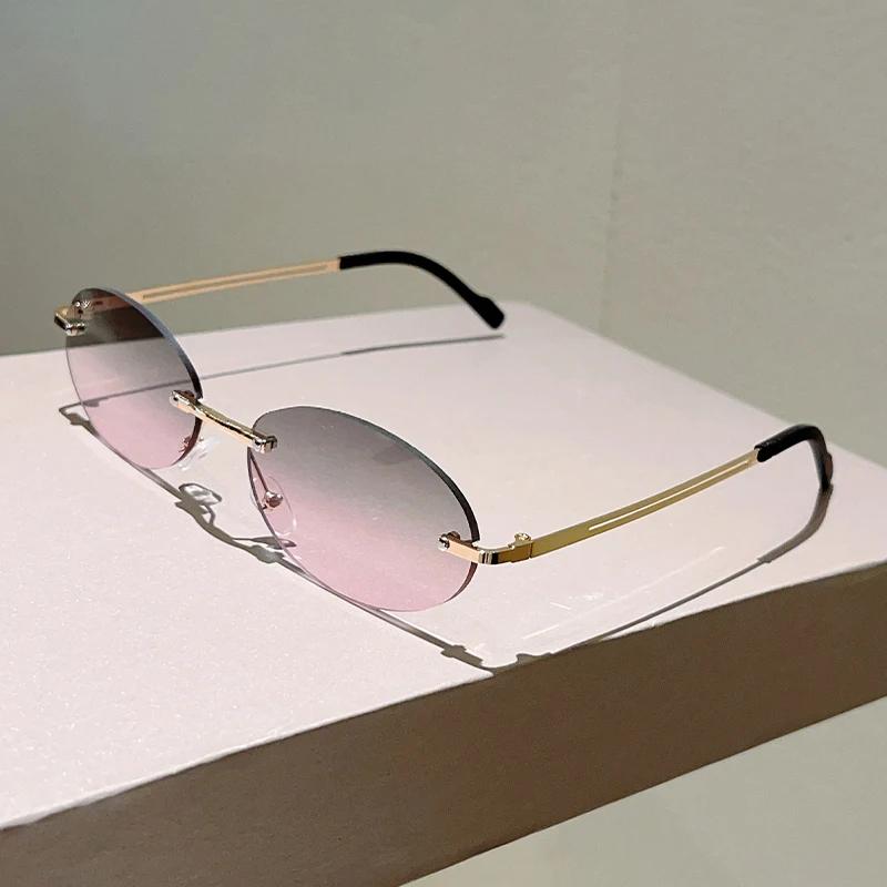 Rimless Oval Sunglasses Men Fashion Gradient Decor Shades Glasses Women New Trendy Vintage Brand Design Casual Eyewear