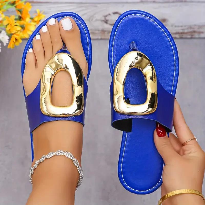 2025 Summer New Women Slippers Luxury Slippers Outdoor Flat Shoes Women Beach Metal Sandals Female Slides Women