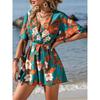 Loose High Waisted Short Sleeve Jumpsuit V-neck Printed Women Jumpsuit Beach Vacation Comfortable Summer Clothes