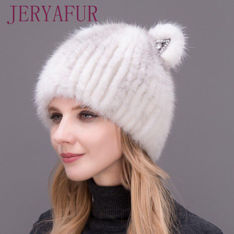 JERYAFUR Mink Cat Ear Cap Women And Girls Warm And Beautiful Attractive Hat Fox Fur Hat