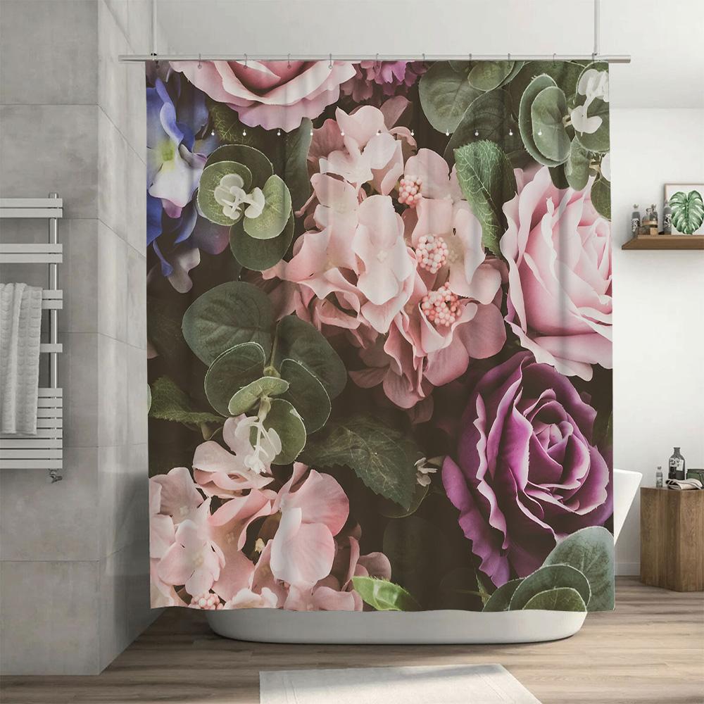 Floral Print Shower Curtain, Pink Purple Roses Hydrangeas Garden Decor Bathroom Liner Waterproof Polyester Fabric Home Decoratio