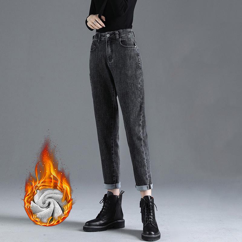Women's High-Waist Plush Winter Jeans - Thick, Warm, Loose Straight-Leg Carrot Pants